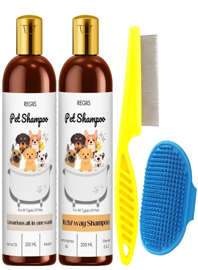 مجموعة شامبو الحيوانات الأليفة من ريجيس مع أدوات العناية، تركيبة متكاملة للغسل والتخلص من الحكة، زجاجات سعة 200 مل، تتضمن مشطًا للبراغيث وفرشاة تدليك للكلاب (عبوة من 4 قطع) - Image 1